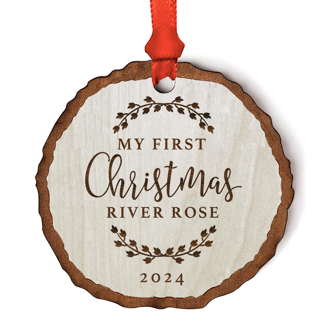 Andaz Press Personalized Baby 1st Christmas Real Wood Rustic Farmhouse Keepsake Christmas Ornament, Engraved Wood Slab, My First Christmas, Sophia Anne 2024, Rustic Laurel Leaves, 1-Pack Andaz Press