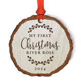 Andaz Press Personalized Baby 1st Christmas Real Wood Rustic Farmhouse Keepsake Christmas Ornament, Engraved Wood Slab, My First Christmas, Sophia Anne 2024, Rustic Laurel Leaves, 1-Pack Andaz Press