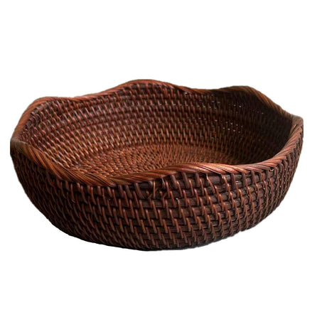 AMOLOLO Handmade Rattan Round Fruit Basket Food Storage Bowls Kitchen Organizer Snack Serving Bowl 10 Inch Wavy Edge Circle Tray Basket with 3” Deep Wall, Dark Brown Décor Display Tray Bowl, M amololo