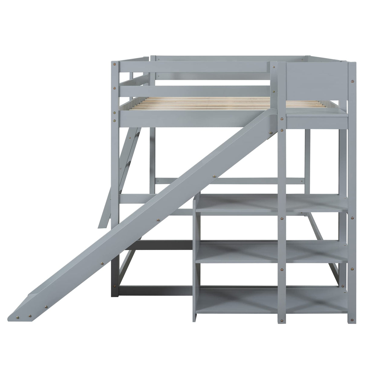 Full Over Full Bunk Beds with Slide and Storage Shelves, Wood Floor Bunk Beds Frame, Kids Bunk Bed for Bedroom, Teens Dormitory (Full Loft Bed with Slide, Gray) Bellemave