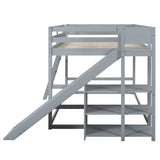Full Over Full Bunk Beds with Slide and Storage Shelves, Wood Floor Bunk Beds Frame, Kids Bunk Bed for Bedroom, Teens Dormitory (Full Loft Bed with Slide, Gray) Bellemave