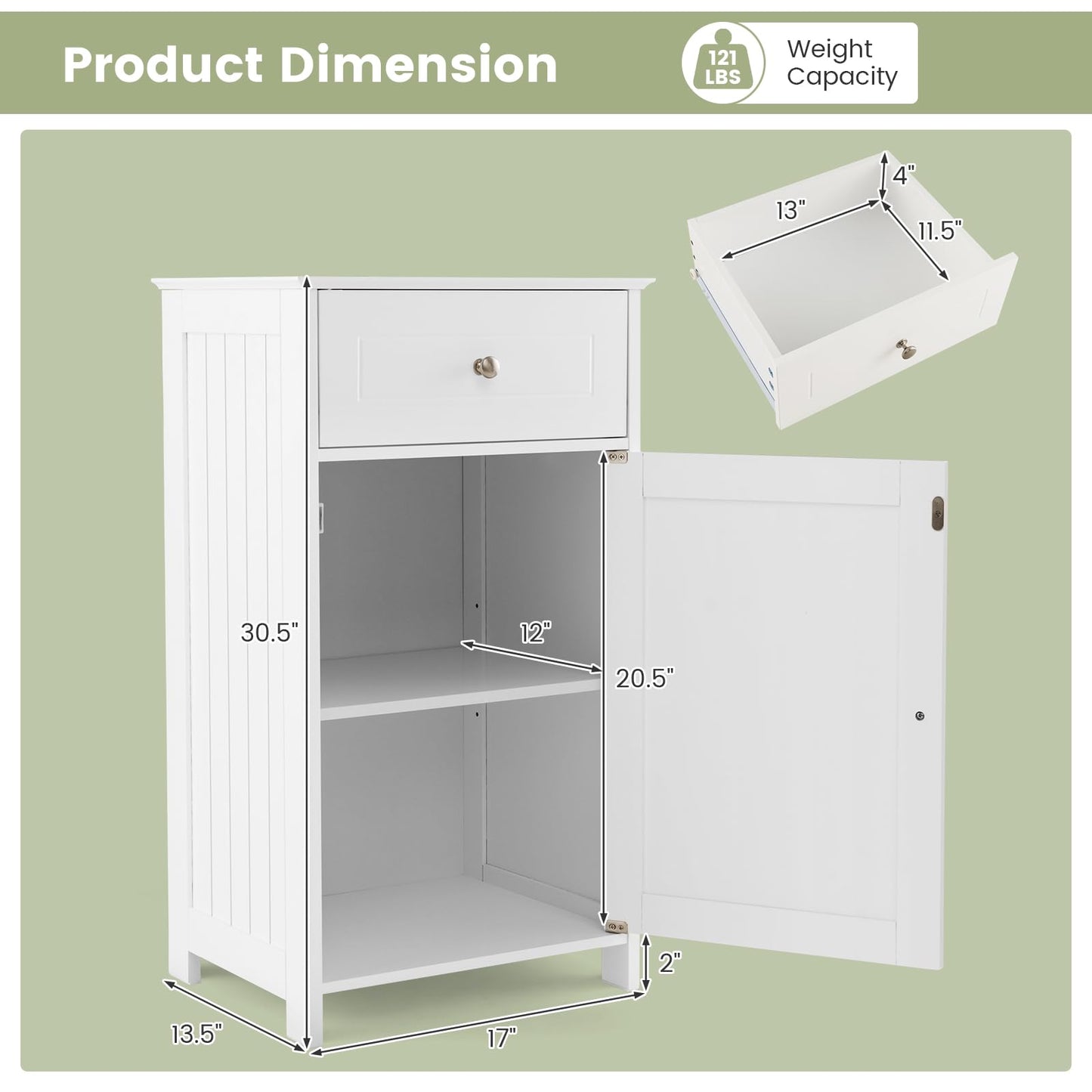 Tangkula Small Bathroom Cabinet for Small Spaces, Freestanding Single Door Bathroom Storage with Adjustable Shelf, Anti-tipping Device, Smooth Drawer, Floor Cabinet for Bathroom Living Room