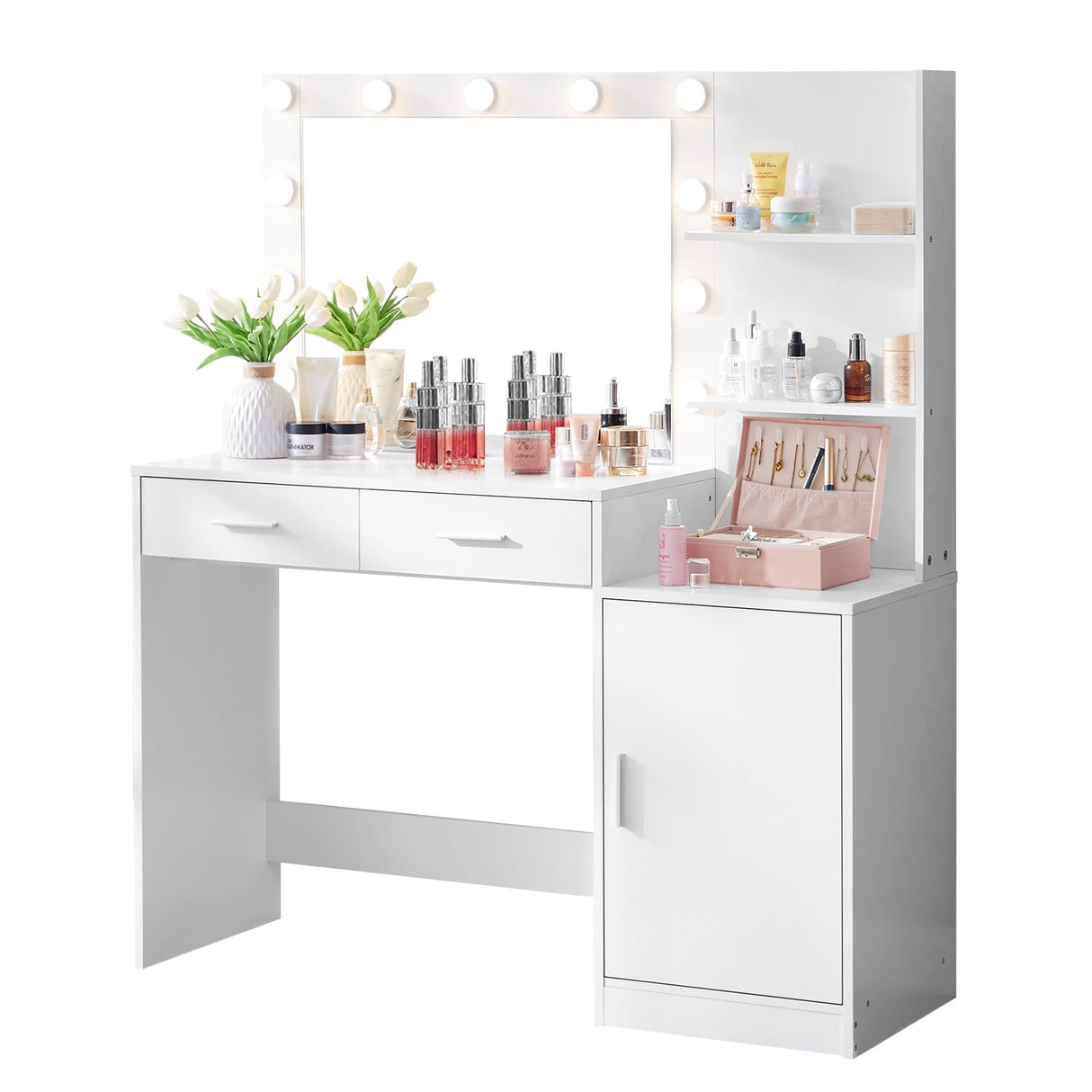 MIRROTOWEL 46.7IN Vanity Desk with Mirror and Lights, Dressing Table with 2 Large Drawer&Large Vertical Organizer, 3 Level Dresser & 3 Lighting Modes Adjustable Brightness, Suitable for Bedroom(white) MIRROTOWEL