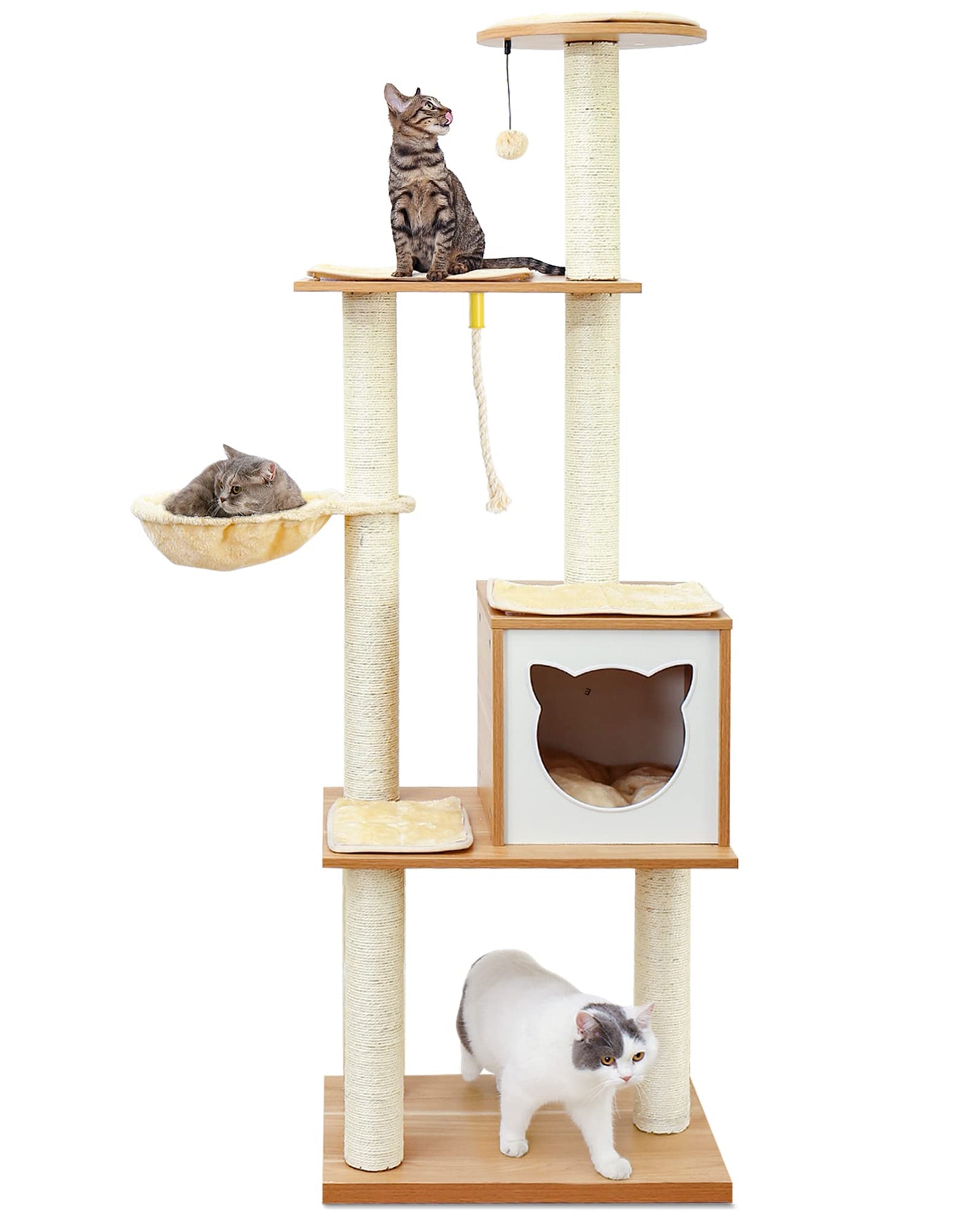 Made4Pets Cat Tree, Modern Cat Tree Tower for Indoor Cats - 65" Tall Wood Condo with Hammock, Scratching Post and Removable Pads for Small Large Cats