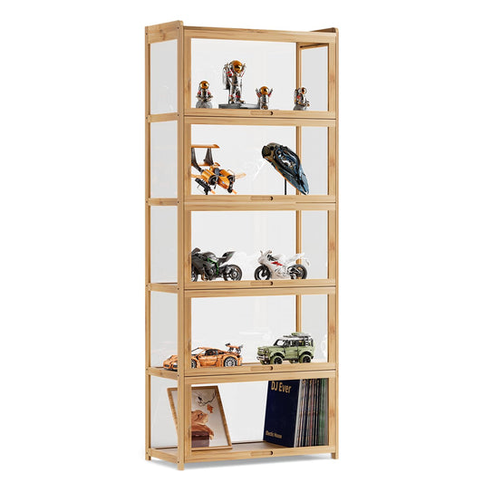 MoNiBloom 67.5" Curio Display Cabinet with Doors, 5-Tier Bamboo Showcase Storage Cabinet Shelf Collectibles Toy Display Case for Living Room, Natural