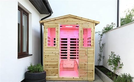 Kanlanth Outdoor Infrared Sauna with Red Light Therapy, 4 Person 2050watt Canadian Hemlock Wood Personal Sauna Room for Indoor Home, with Blue-Tooth, 4 Chromo Therapy Lighting, Control, Cup Holder Kanlanth