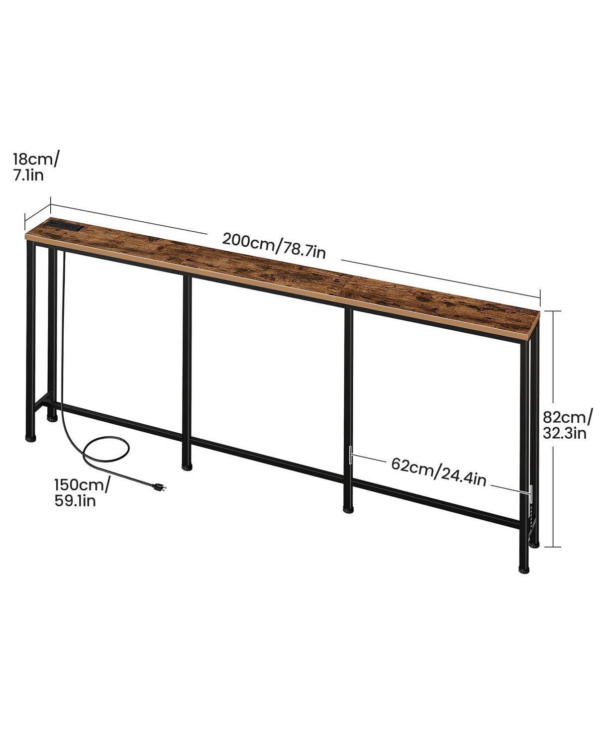 CHOEZON 78.7'' Narrow Console Table with Power Outlet 7.1" Skinny Sofa Table, Long Behind Couch Table with Charging Station, Entryway Table for Hallway, Living Room Rustic Brown and Black TXG20UBF CHOEZON