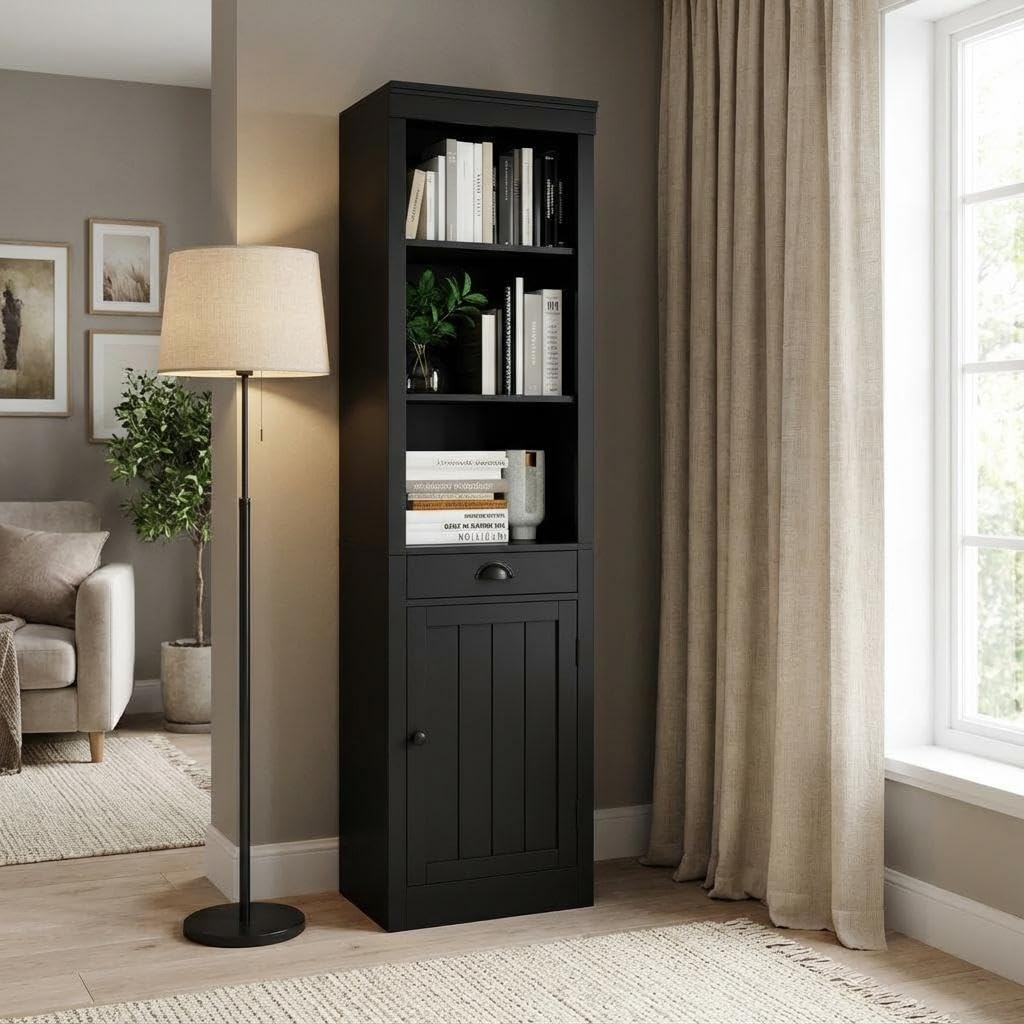 GarveeHome71 inch Tall Narrow Bookcase with Drawer & Door, 3-Tier Bookshelf with Adjustable Shelves, Storage Cabinet for Living Room, Office -Black GarveeHome