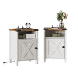 Fameill Nightstands Set of 2, Farmhouse End Tables with Charging Station, Bedside Tables with Barn Door and Shelf, Rustic Living Room Bedroom Side Table, Modern White Fameill