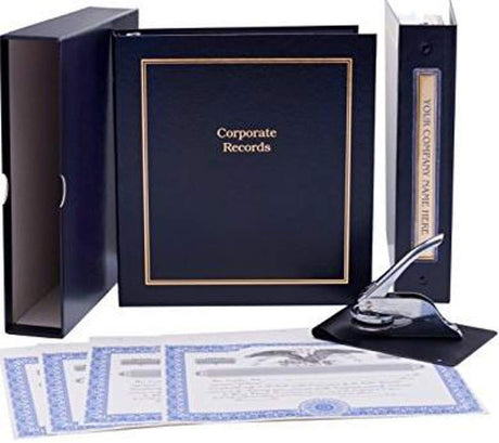 Corporate Kit (Black) - Binder, Slipcase, Minutes & Bylaws, Stock Certificates, Index Tabs & Metal Corporate Seal Hubco
