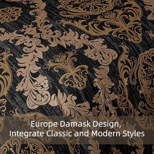 WONGS BEDDING Black Comforter Set King Size, Gold Damask Texture 7 Pieces Bed in a Bag Microfiber Comforter Bedding Sets -1 Comforter, 1 Flat Sheet, 1 Fitted Sheet, 2 Pillow Shams, 2 Pillowcases WONGS BEDDING
