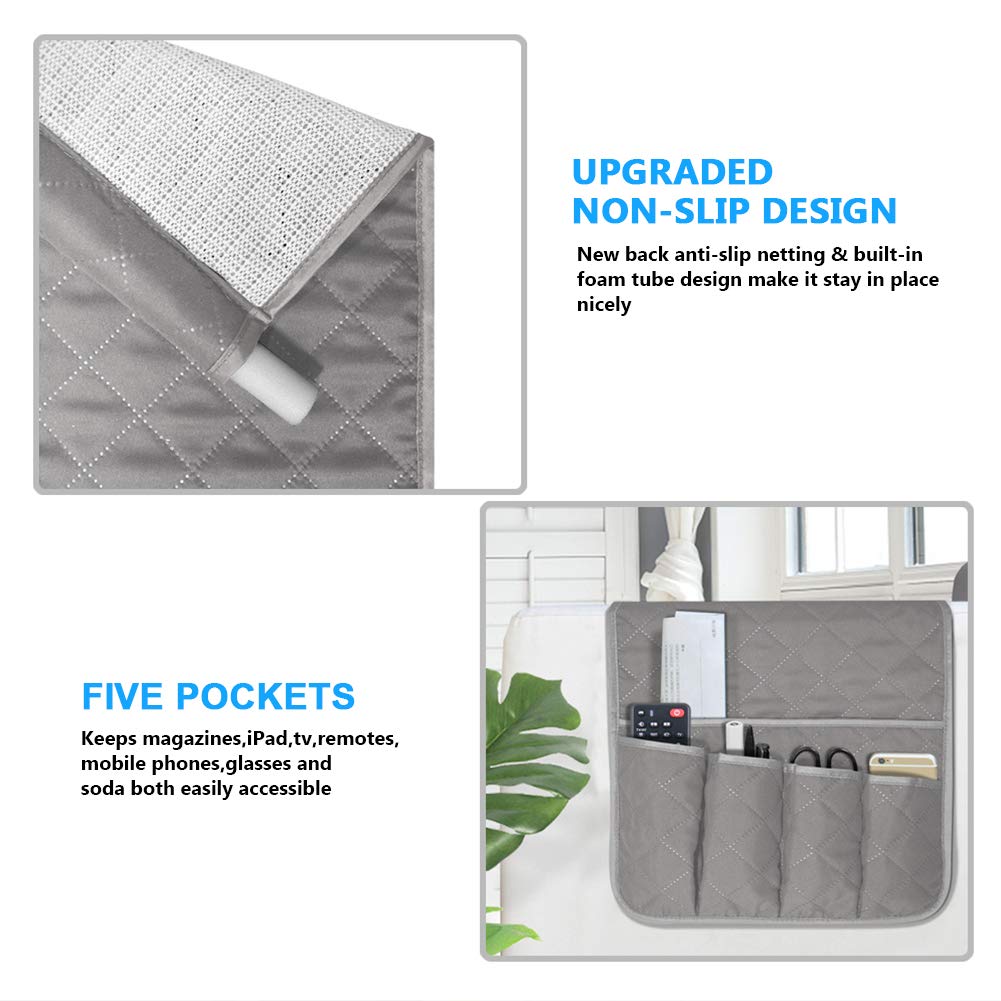 Sofa Armrest Organizer Non-Slip Arm Chair Bedside Caddy Storage Organizer for Recliner Couch with 5 Pockets for Cell Phone TV Remote Control Magazines(Grey) AUVCAS