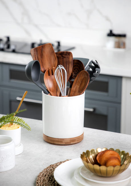 Nucookery 360° Rotating Utensil Holder, 7.2" Large Utensil Crock, White Ceramic Cooking Utensil Organizer with Countertop-Protection Cork Bottom for Farmhouse Kitchen Decor Gift (White) Nucookery