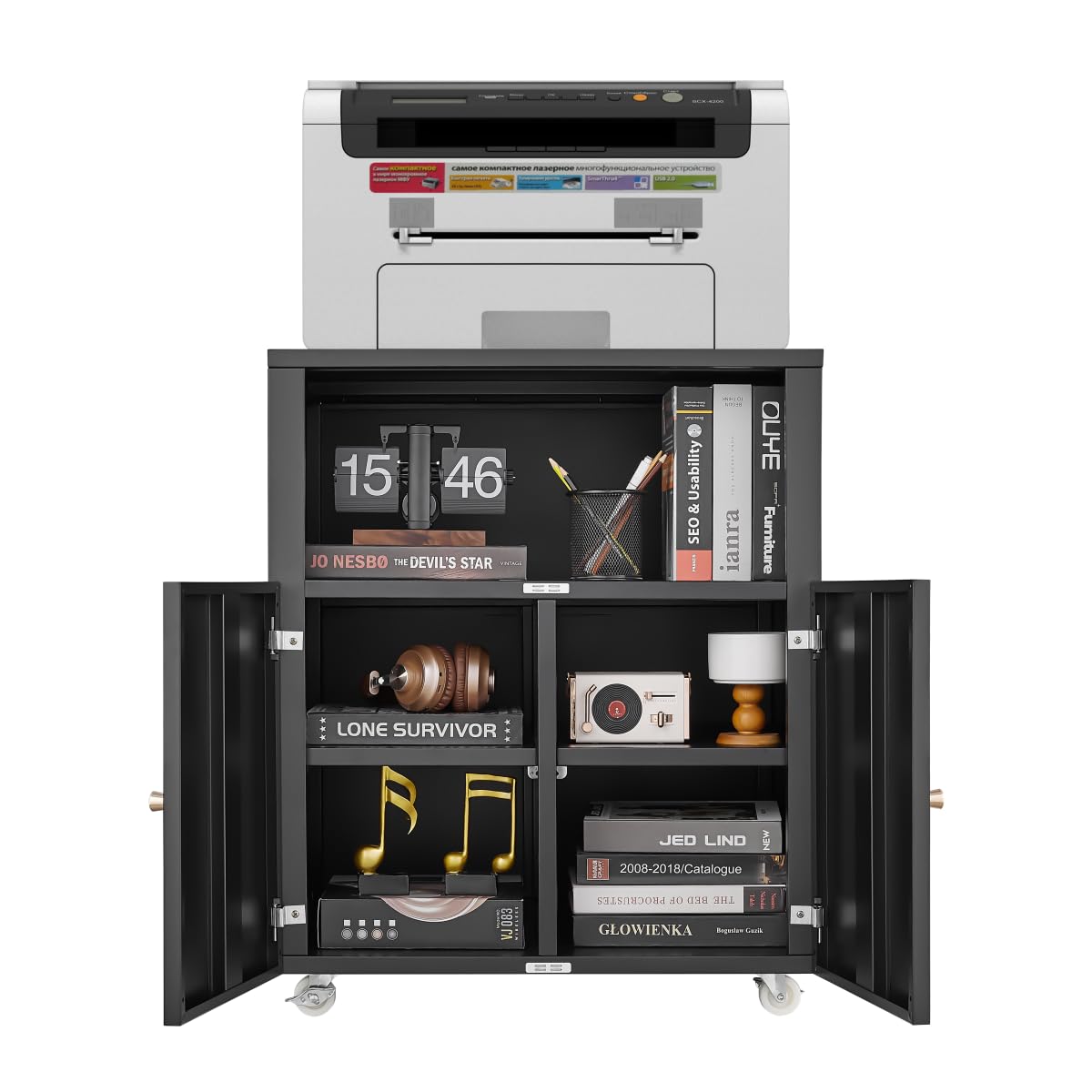 DKYNDSYN Metal Printer Stand with Storage Mobile File Cabinet on Wheels with Doors and Adjustable Shelf Rolling Printer Table Cart for Home Office Small Spaces Under Desk Printer Cabinet (Black) DKYNDSYN