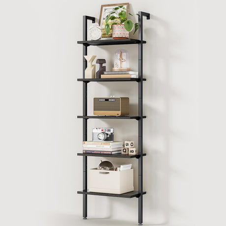 ODK Ladder Shelf, 5 Tier Black Bookshelf, 72 Inch Wall Mounted Book Shelf with Metal Frame, Ladder Bookshelf Bookcase for Bedroom, Home Office and Living Room ODK