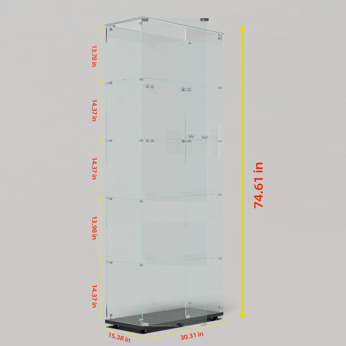 74.61" Tall Glass Display Cabinet with LED Lights&Rolling Wheels, Curio Glass Cabinet with 5 Shelves with 2 Door, Quick-Install Style Floor Standing Bookshelf File Cabinet for Home Office Kootlena