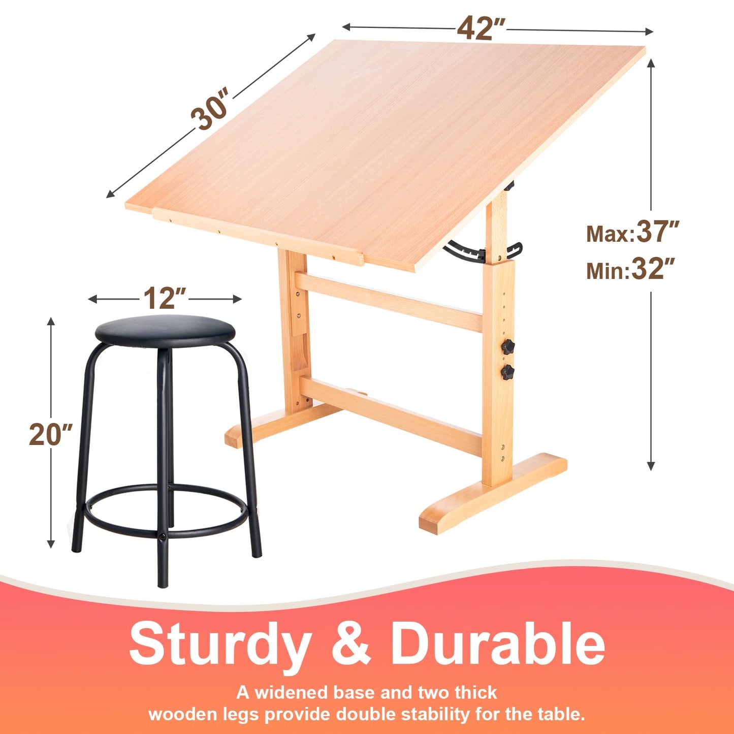 Falling in Art Wooden Drafting Table and Stool Set, 30" x 42" Adjustable Height and Angle Solid Wood Drawing Desk for Adults, Artist Craft Table for Painting Artwork, Reading, and Writing