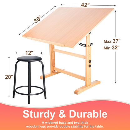 Falling in Art Wooden Drafting Table and Stool Set, 30" x 42" Adjustable Height and Angle Solid Wood Drawing Desk for Adults, Artist Craft Table for Painting Artwork, Reading, and Writing