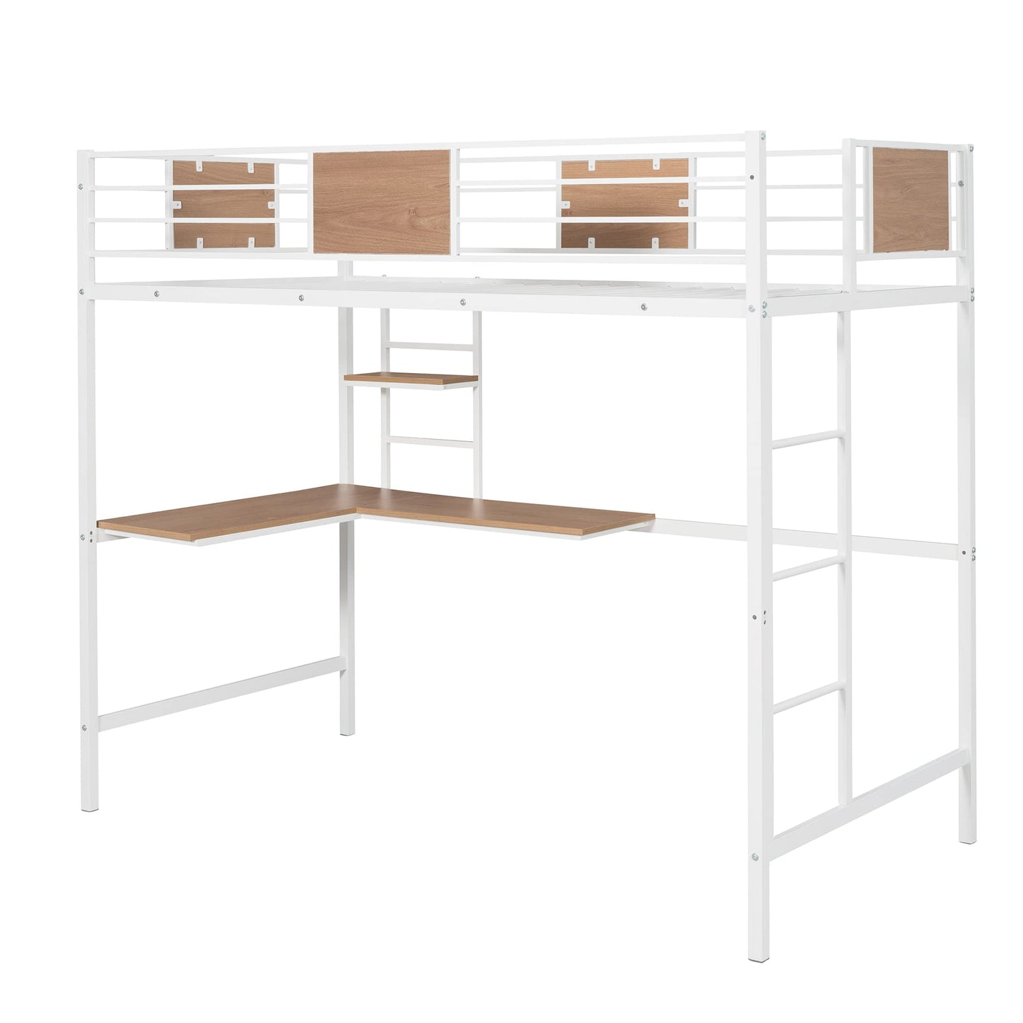 Twin Loft Bed with Desk and Storage Shelf, Metal Loft Bed Twin Size, Kids Loft Bed with Build in Ladder and Guardrails, Twin Loft Bed White