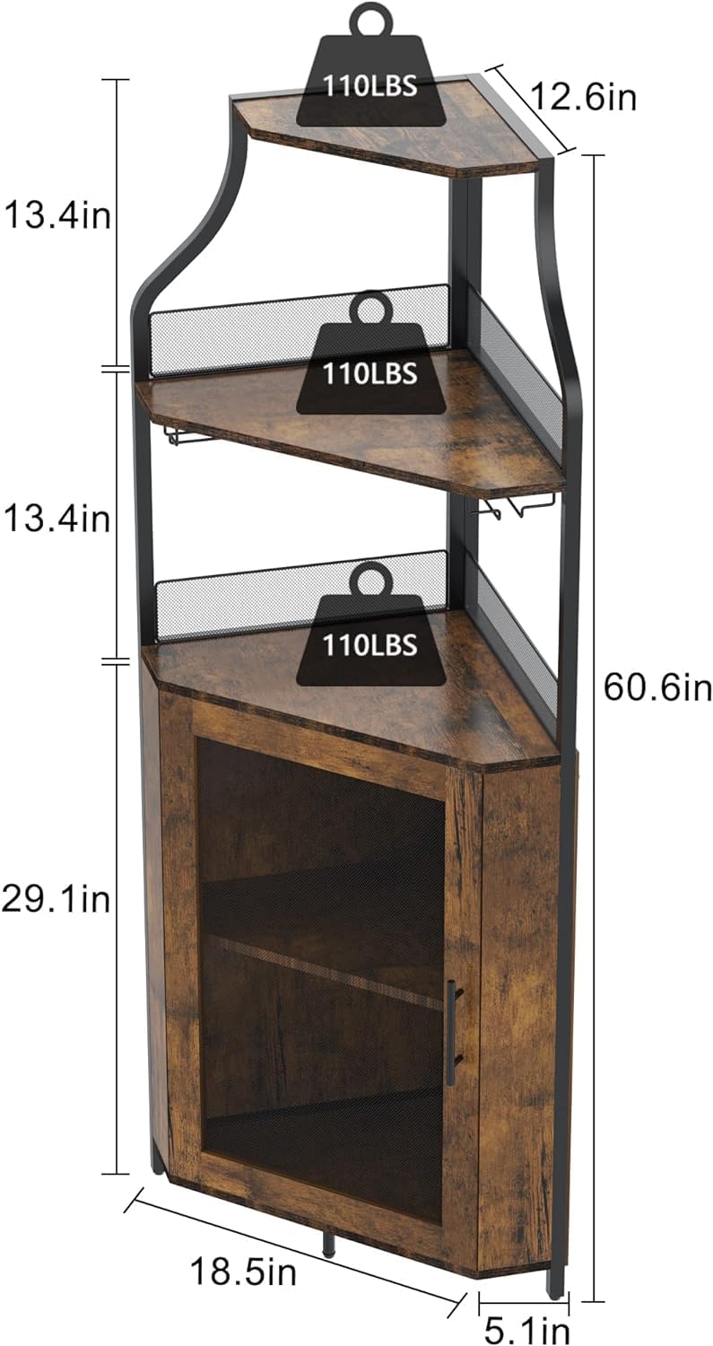 GAOMON Corner Wine Cabinet with Removable Wine Rack, Wine Cabinet and Wine Glass Bar Cabinet with Glass Rack and Mesh Door, Wine Cabinet with Reasonable Functional Partitioning (Retro Brown)