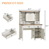 AMERLIFE 42'' Farmhouse Makeup Vanity Desk with Sliding Mirror and Lights, Glass Tabletop Vanity Table with 2 Drawers & Shelves for Bedroom(NO Bench), Antique White AMERLIFE