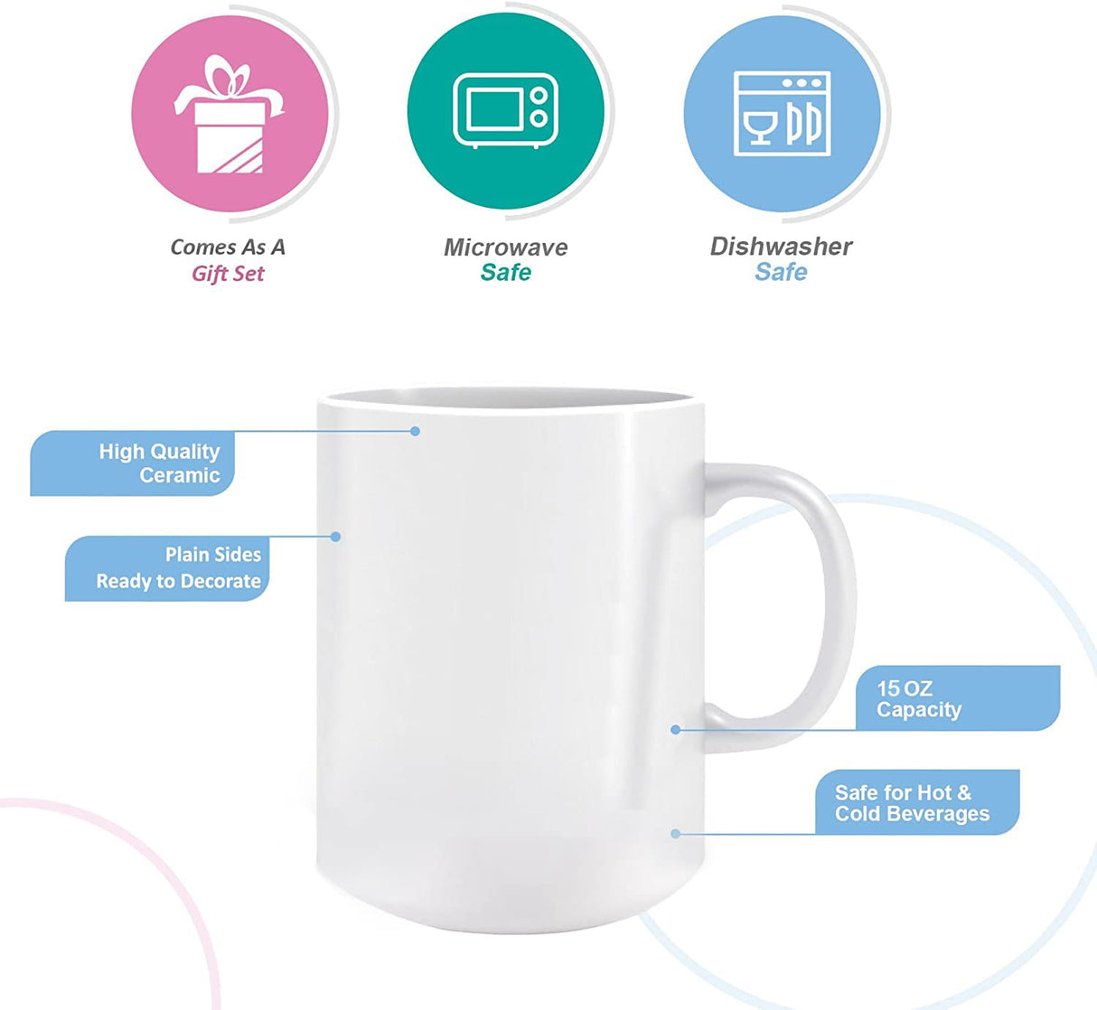 BLUE RIBBON White Sublimation Plain Blank Coffee Mug Hot Chocolate Mugs, Ceramic Mugs Hot Cocoa Mugs Mug Sets Pack of 2 15 oz BLUE RIBBON