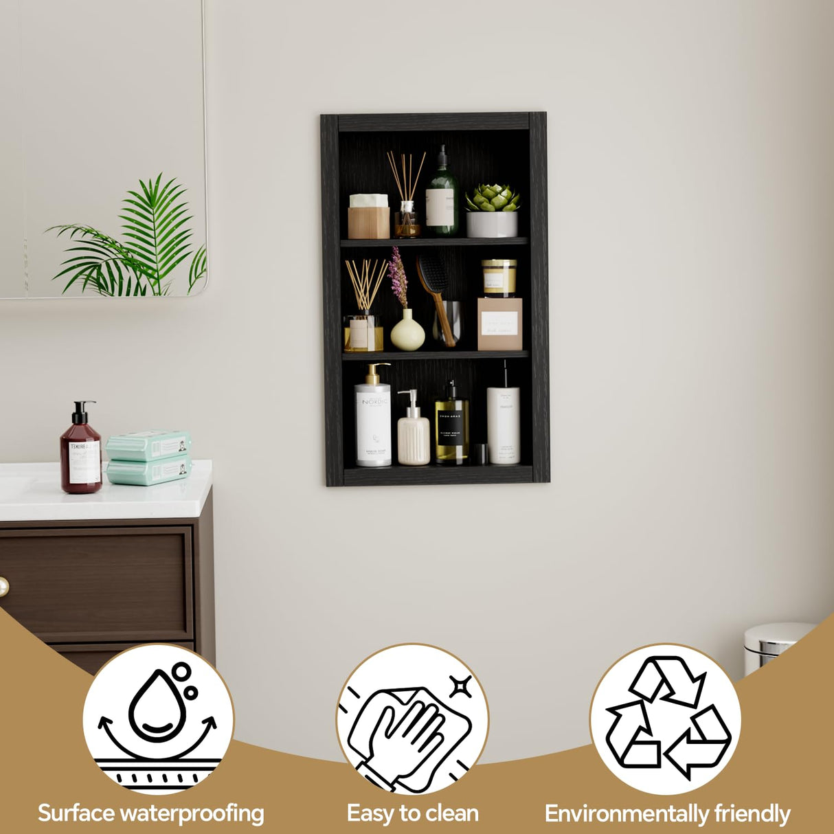 HAIDAIYA 14'' * 24'' Recessed Medicine Cabinet Wall Niche Wood, 3-Tier Bathroom Niche Insert for Drywall, in Wall Shelf Medicine Cabinets Replacement, for Living Room, Bathroom Storage, Black HAIDAIYA