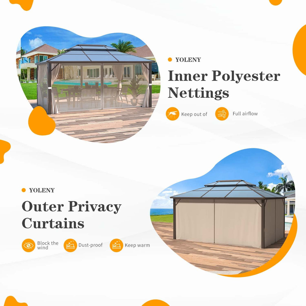 YOLENY 10'x13' Hardtop Gazebo, Outdoor Polycarbonate Double Roof Canopy, Aluminum Frame Permanent Pavilion with Curtains and Netting, Sunshade for Garden, Patio, Lawns YOLENY