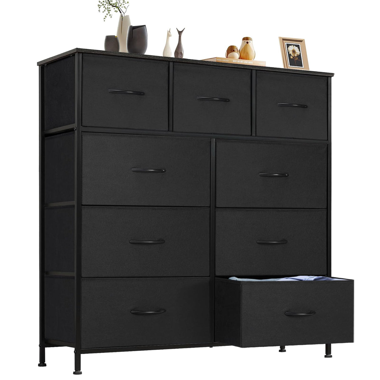 Sweetcrispy Dresser for Bedroom, Tall Chest Organizer Units, 9 Fabric Drawers for Clothing, Closet, Storage Tower with Cabinet, Metal Frame, Wooden Top, Lightweight Nursery Furniture, Black Sweetcrispy