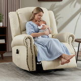 PELUMY Breathable Leather Recliner Chair with Heat Massage, 360° Swivel Rocking Recliner, Manual Glider Chair with Vibrating Massage for Living Room, Nursery (Beige) PELUMY