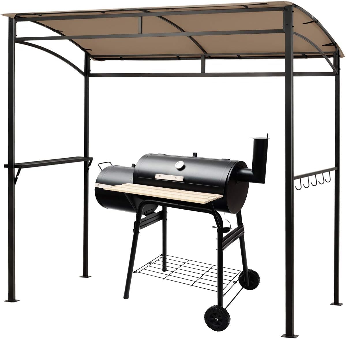Moccha 7x4.4ft Grill Gazebo, Outdoor BBQ Gazebo with Storage Shelf, Hanging Hooks, Beer Opening Setting, Heavy-Duty Metal Frame, Grill Canopy Tent Sunshade Awning for Backyard, Patio, Garden, Brown LDAILY