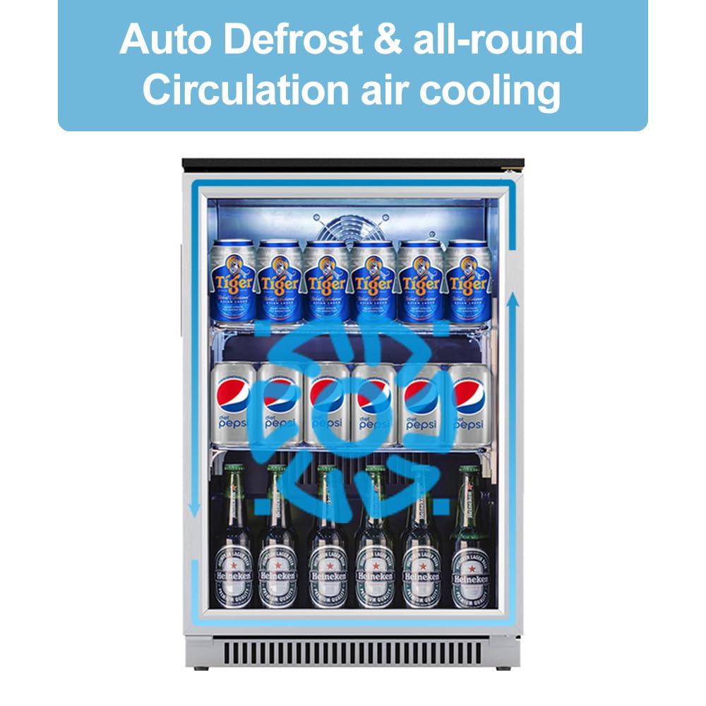 Weili 20 Inch Built in Beverage Fridge with Glass Door, 120 Can Under Counter Soda Beer Drink Refrigerator with Blue LED Light for Home Office or Bar, 36-50°F Auto Defrost Weili
