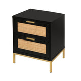Anmytek Rattan Nightstand, Boho Bedside Table with 2 Rattan Decorated Drawers, Black Wood Night Stand Farmhouse End Table Side Table for Bedroom, Dorm, H0057 Anmytek