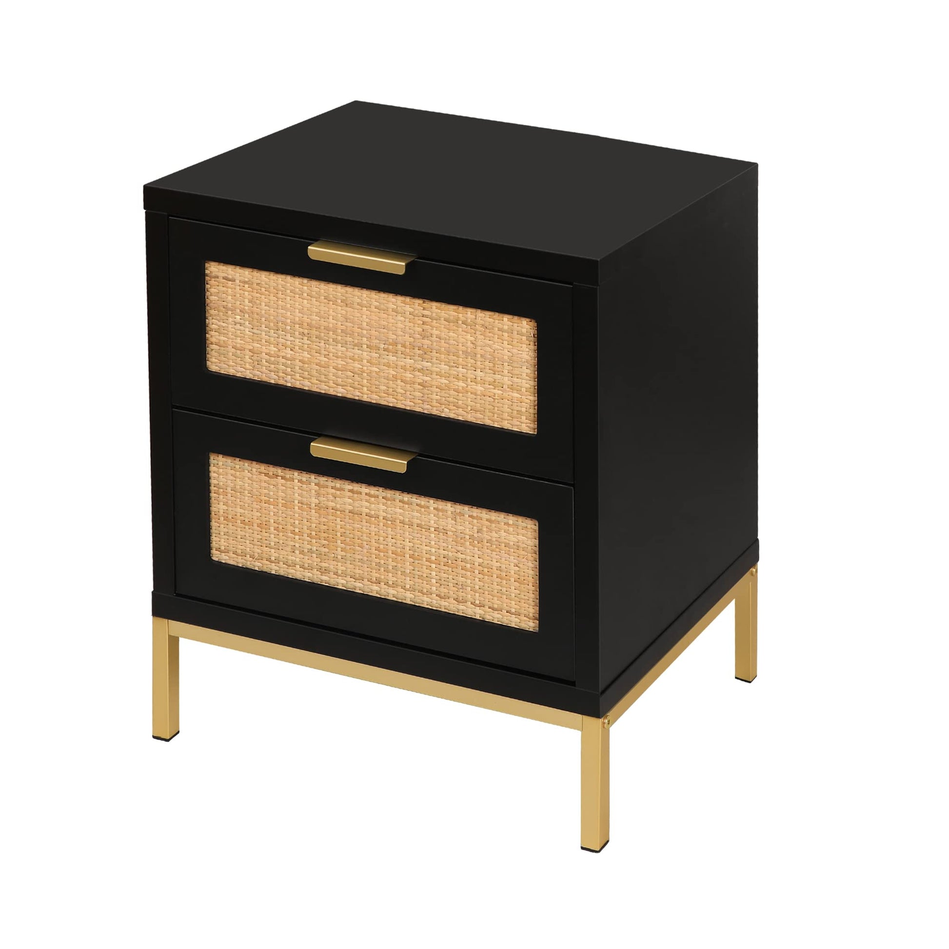 Anmytek Rattan Nightstand, Boho Bedside Table with 2 Rattan Decorated Drawers, Black Wood Night Stand Farmhouse End Table Side Table for Bedroom, Dorm, H0057 - WoodArtSupply