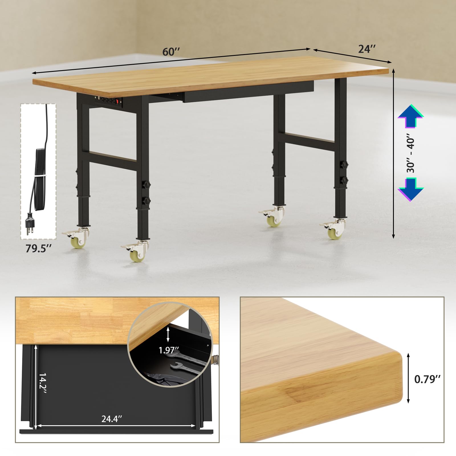 Madertool 60" Adjustable Workbench with Drawers, Rubber Wood Top Heavy-Duty Workstation, 2000 LBS Load Capacity Hardwood Worktable with Power Outlets, for Workshop, Garage, Office, Home - WoodArtSupply