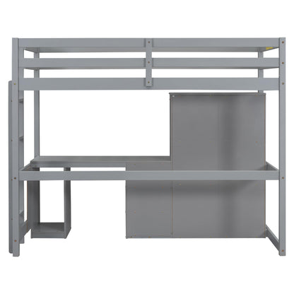 Polibi Modern Twin Loft Bed with Wardrobe, Desk, and 3 Drawers in Grey - WoodArtSupply