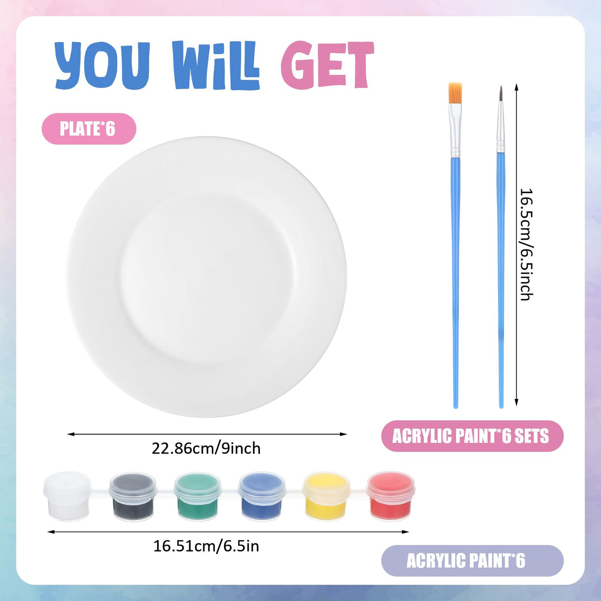 Marspark 6 Pcs 9 Inches Ceramic Painting Plate White Ceramic Plates with 6 Sets of 12 Colors Paint 6 Sets of 2 Brushes Porcelain Painting Craft Set for Family Gatherings Activities Art Supplies Marspark