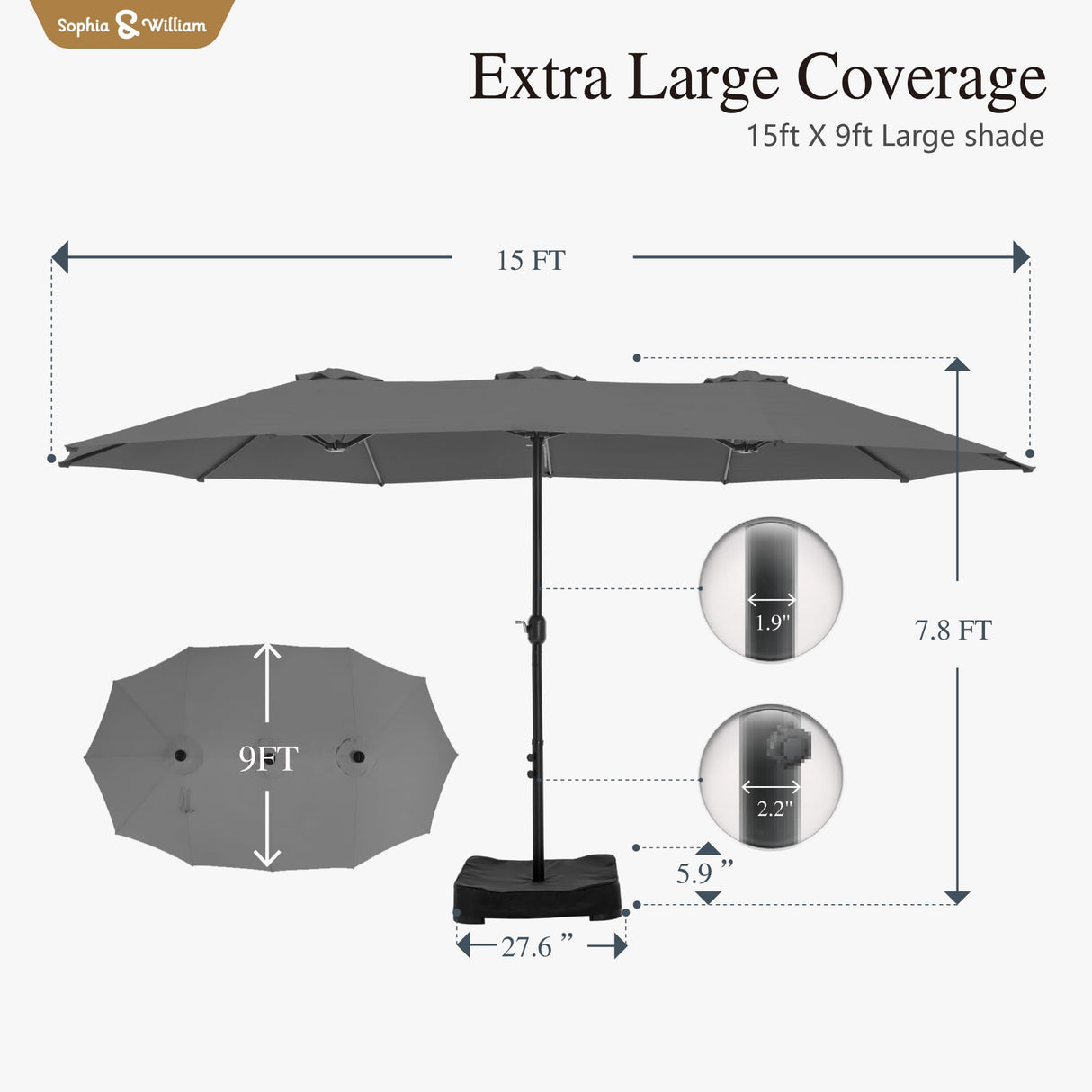 Sophia & William 15 ft Extra Large Patio Umbrella with Base Included, Rectangular Outdoor Umbrella Heavy Duty, Market Umbrella Double-sided Fade Resistant for Pool Garden Backyard, Smoky Gray Sophia & William