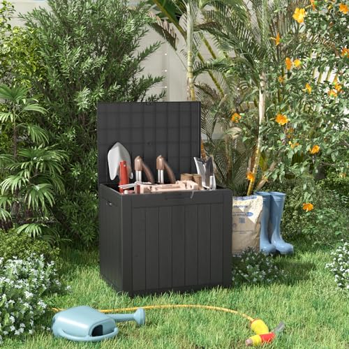 PatioZen 31 Gallon Resin Deck Box, Lockable Package Delivery Box, Waterproof and UV Resistant Outdoor Storage Box for Patio Furniture, Garden Tools and Toys Storage - Black - WoodArtSupply