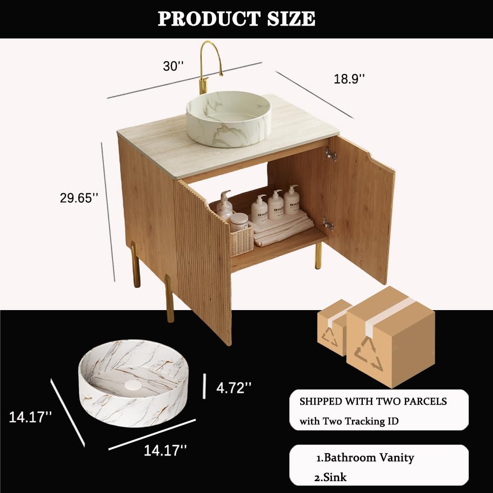 30" Bathroom Vanity with Sink, Modern Bathroom Vanities with 2 Soft-Closing Doors, Freestanding Bathroom Cabinet W/Ceramic Basin & Travertine-Pattern Sintered Stone Counter Top-Colmar, Natural Wood/R RAINLUX