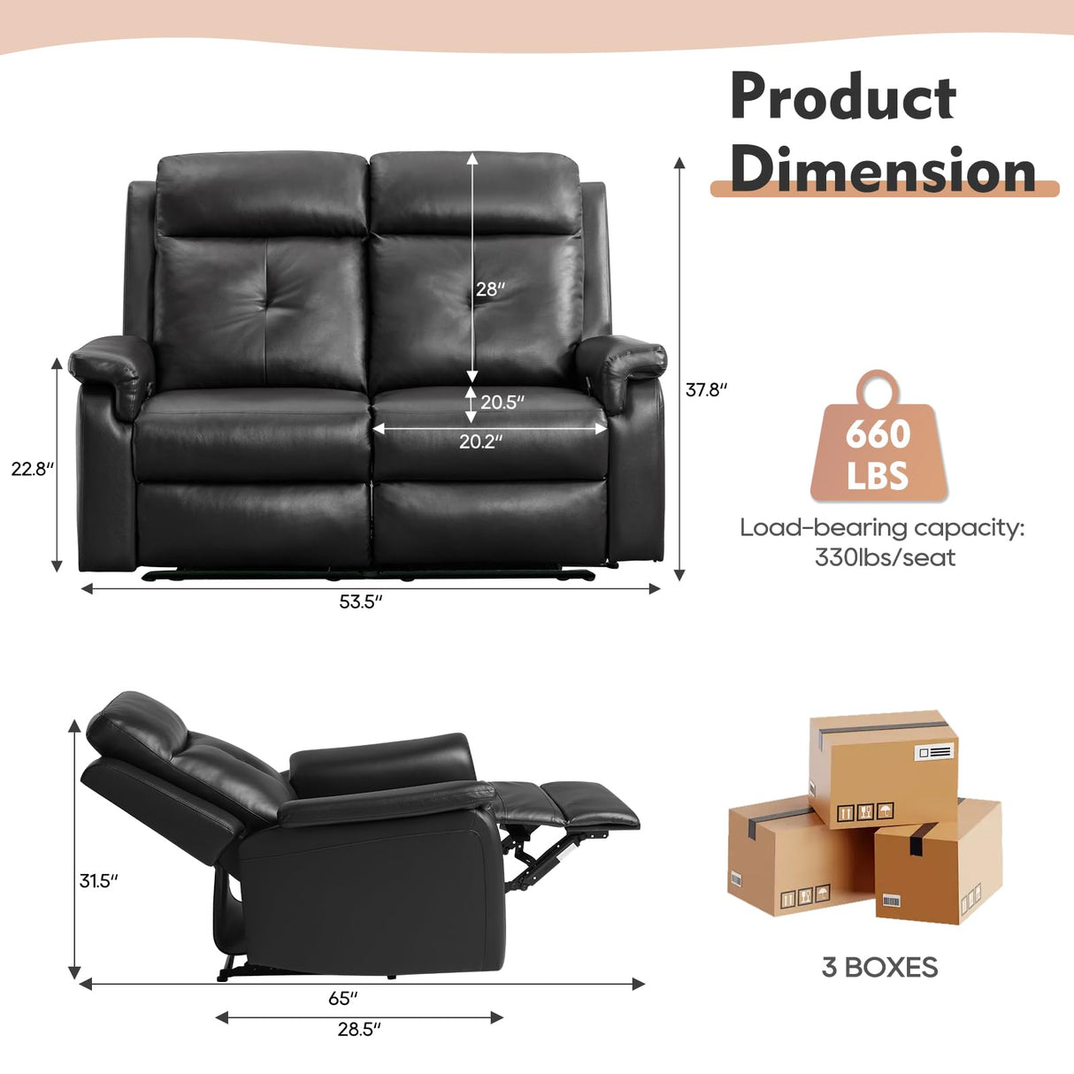 RIHEREFY PU Leather Reclining Loveseat with Heat and Massage, Double Loveseat Recliner with Side Pocket, Loveseat Recliner Sofa for Living Room, Home Theater, RV RIHEREFY