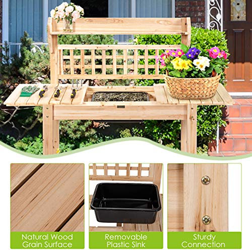 Giantex Garden Potting Bench, Outdoor Wood Work Table w/Sliding Tabletop, Planter Bench Work Station w/Removable Sink & Storage Shelves for Backyard Patio Balcony, Natural - WoodArtSupply