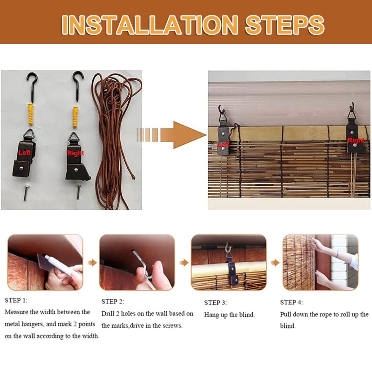 Bamboo Roller Blinds for Living Room Windows, Sun Bamboo Window Blind 15" 20" 22" 24" 26" 28" 30" 32" 34" 36" 38" 40" 42" 44" 46" 48" 50" 52" 57" 62" 67" 72" Roll-up Shade Customizable Cordless Cocoa WoodArtSupply