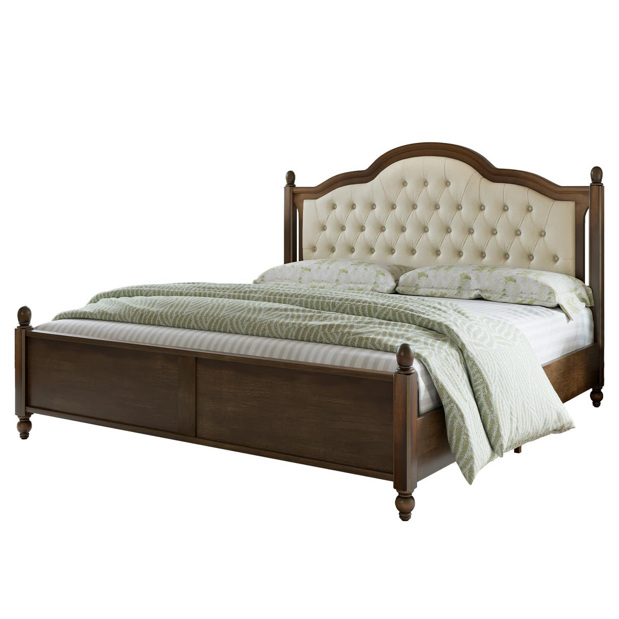 LUXOAK King Size Solid Wood Bed Frame with Upholstered Camelback Headboard, Easy Assembly in Walnut LUXOAK