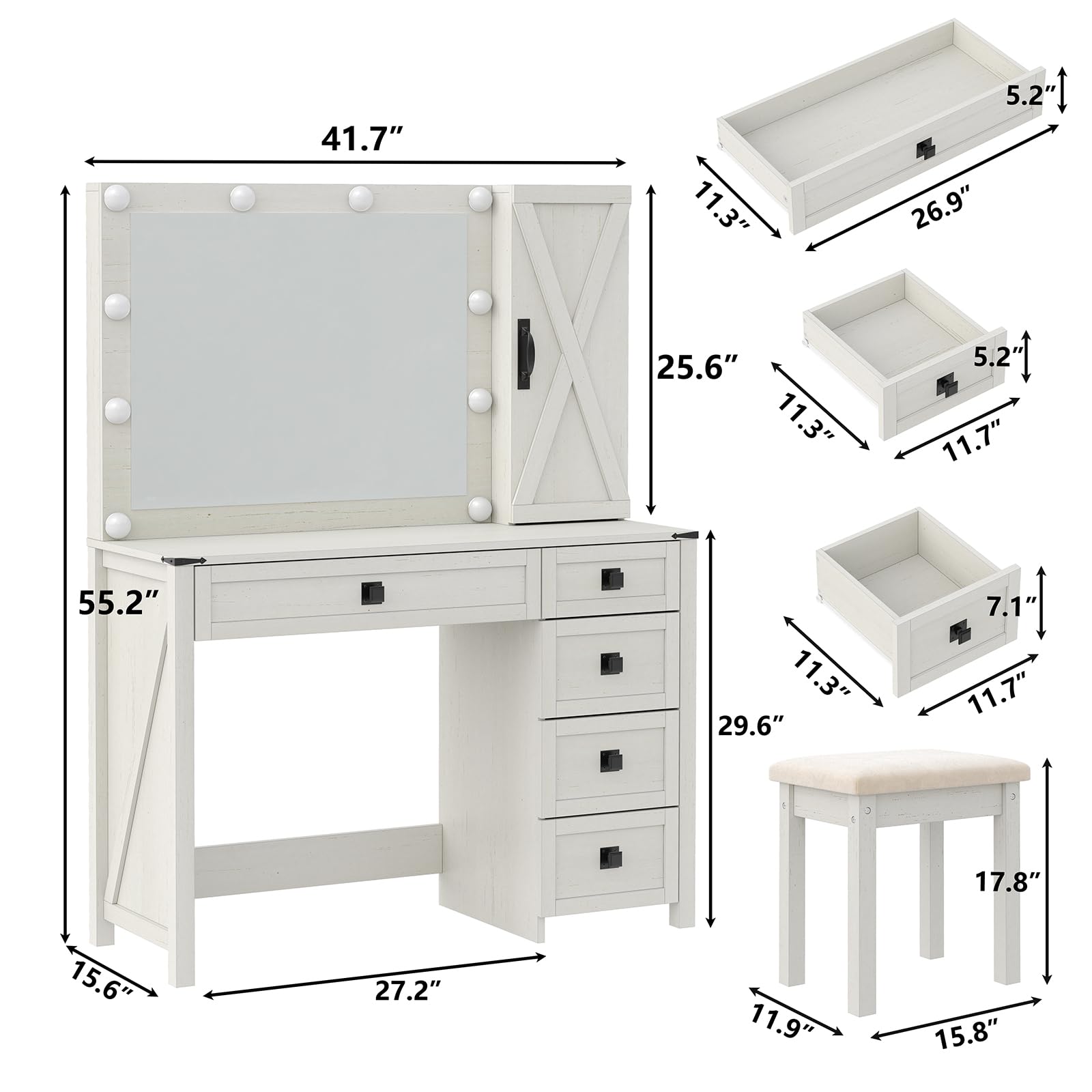 Furniouse Makeup Vanity Desk with Mirror and Lights, 42" Large Vanity with Cabinet Storage and 5 Drawers,Farmhouse Vanity Table Set for Bedroom White, Stool Included - WoodArtSupply