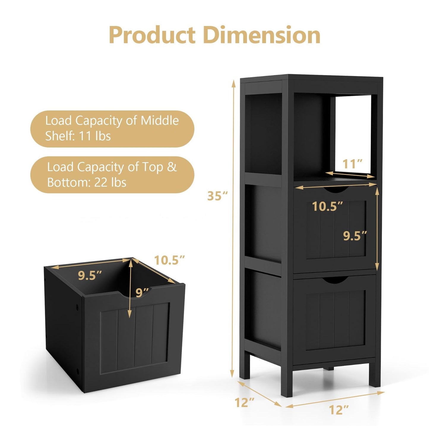 Tangkula Black Small Bathroom Storage Cabinet with 2 Removable Drawers - WoodArtSupply