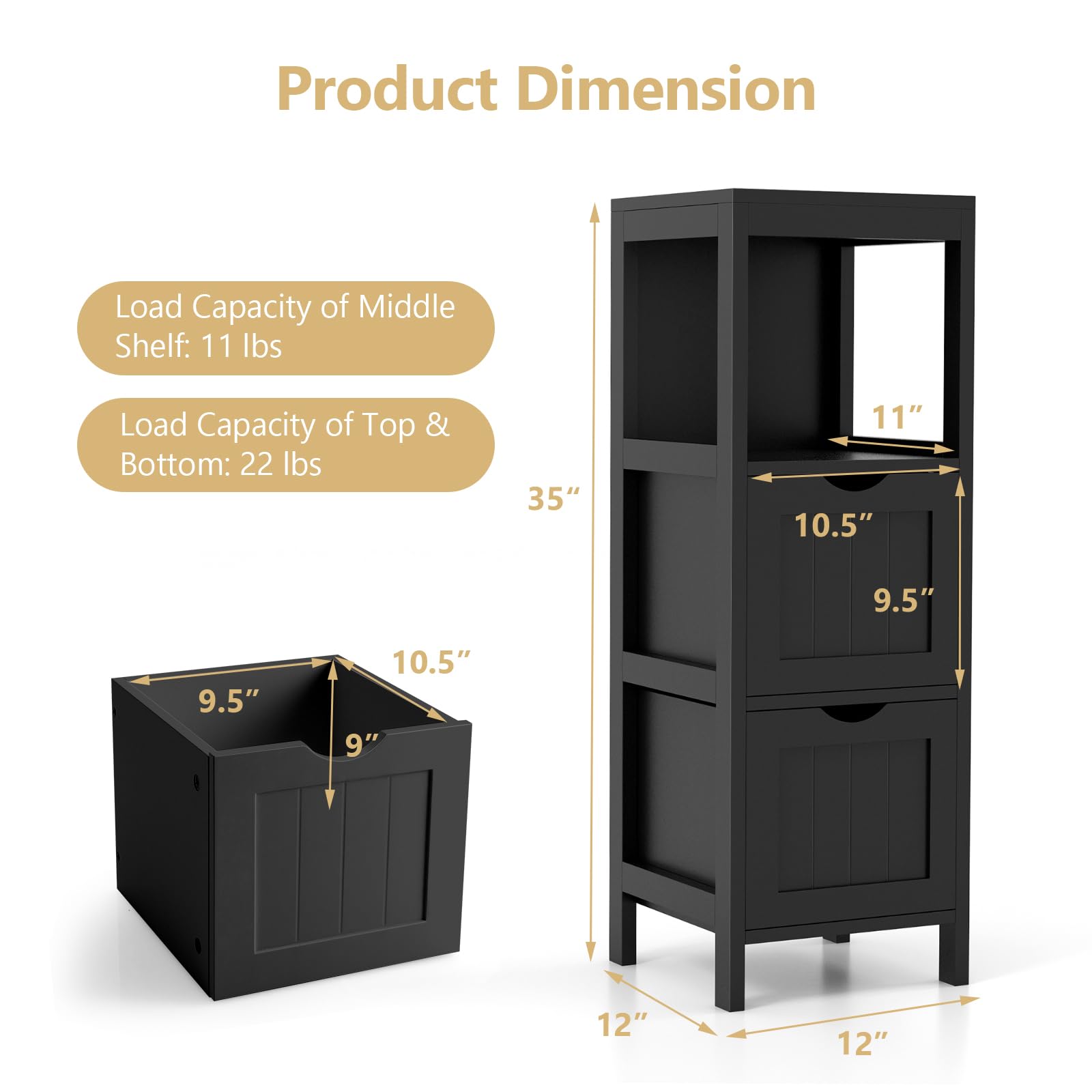 Tangkula Black Small Bathroom Storage Cabinet with 2 Removable Drawers - WoodArtSupply