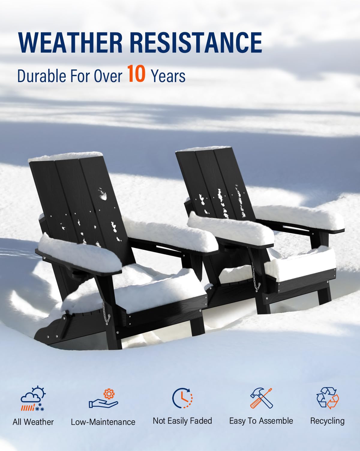 POWERWOOD Modern Adirondack Chair, Oversized HDPE Folding Adirondack Chairs Wood Texture, Higher Back Weather Resistant Outdoor Adirondack Chair Set with Cup Holder, Plastic Fire Pit Chairs (Black) POWERWOOD