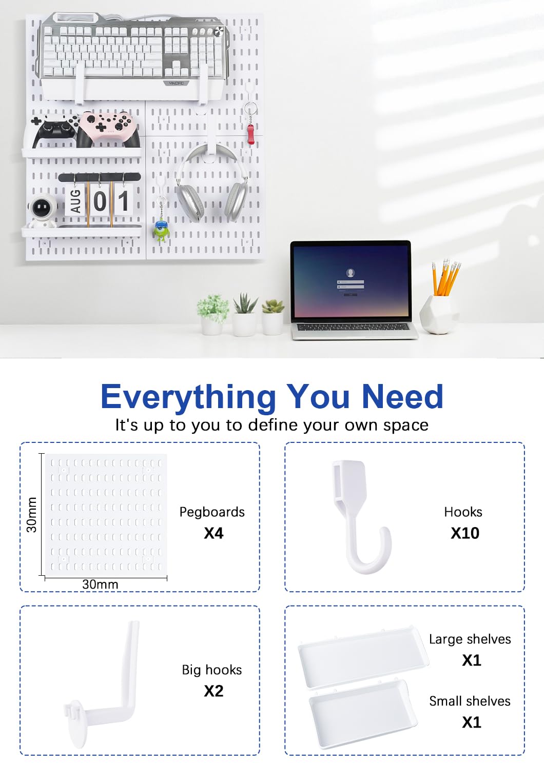 Pegboard Wall Organizer Kit – Heavy Duty 20lbs Load Bearing, Easy Installation, 4 Peg Board Panels 14 Accessories – Multi-Surface Use For Garage, Office, Kitchen & Crafts (White Pegboard,24″×24″) Colville