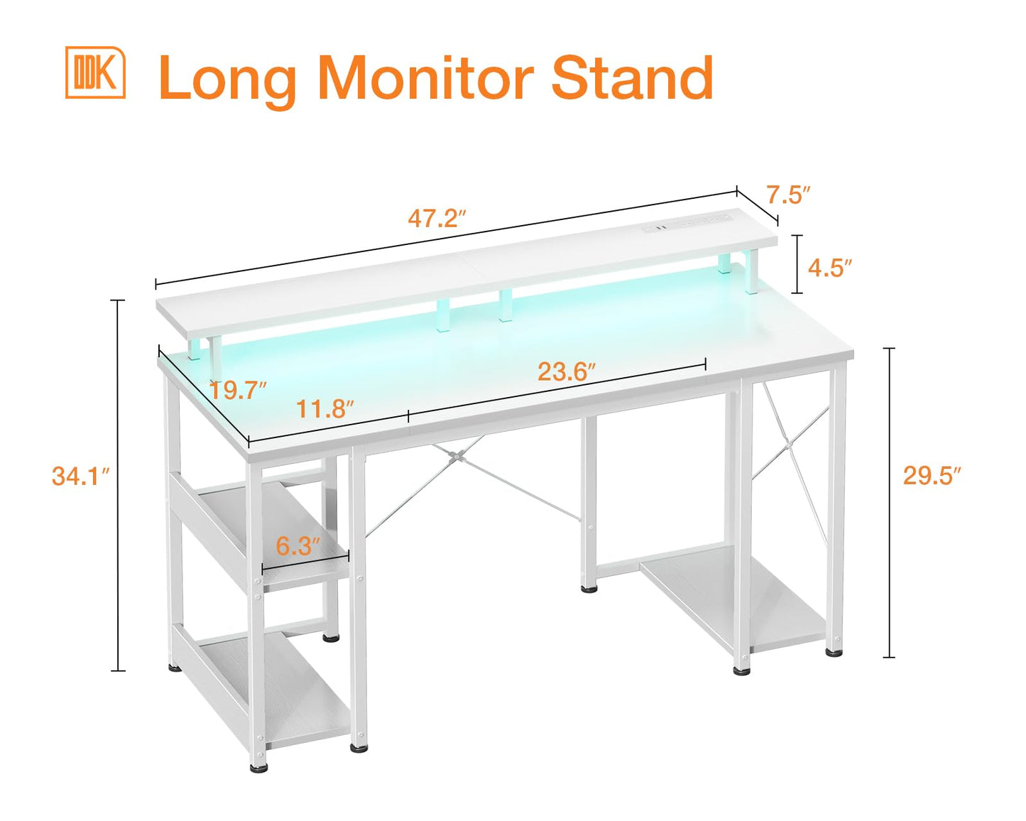 ODK 48 inch Gaming Desk with LED Lights & Power Outlets, Computer Desk with Monitor Stand & Storage Sheves, CPU Stand, Home Office Desk, White - WoodArtSupply